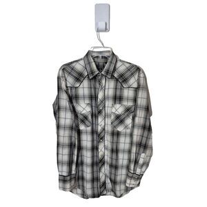 Roper Shirt Mens L Gray Plaid with Embroidered Rose Metallic Thread‎ Pearl Snap